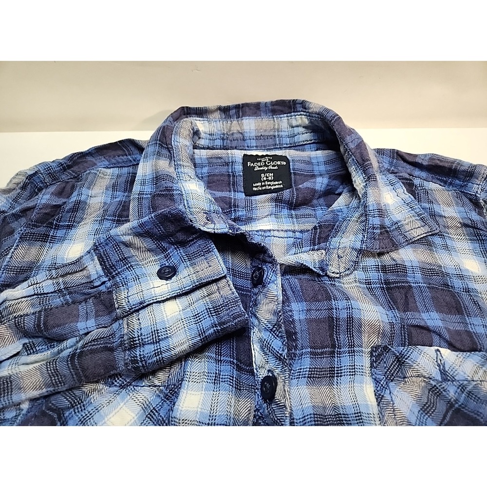 Faded Glory Womens Small Blue Plaid Flannel Long Sleeve Button Up Shirt‎